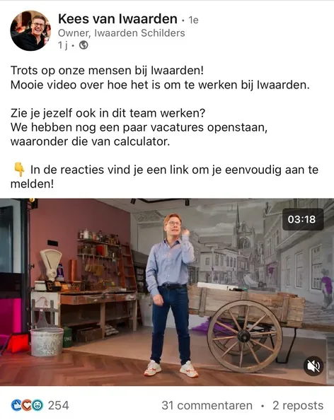 Bericht van Kees van Iwaarden: "Trots op onze mensen bij Iwaarden! Mooie video over hoe het is om te werken bij Iwaarden."